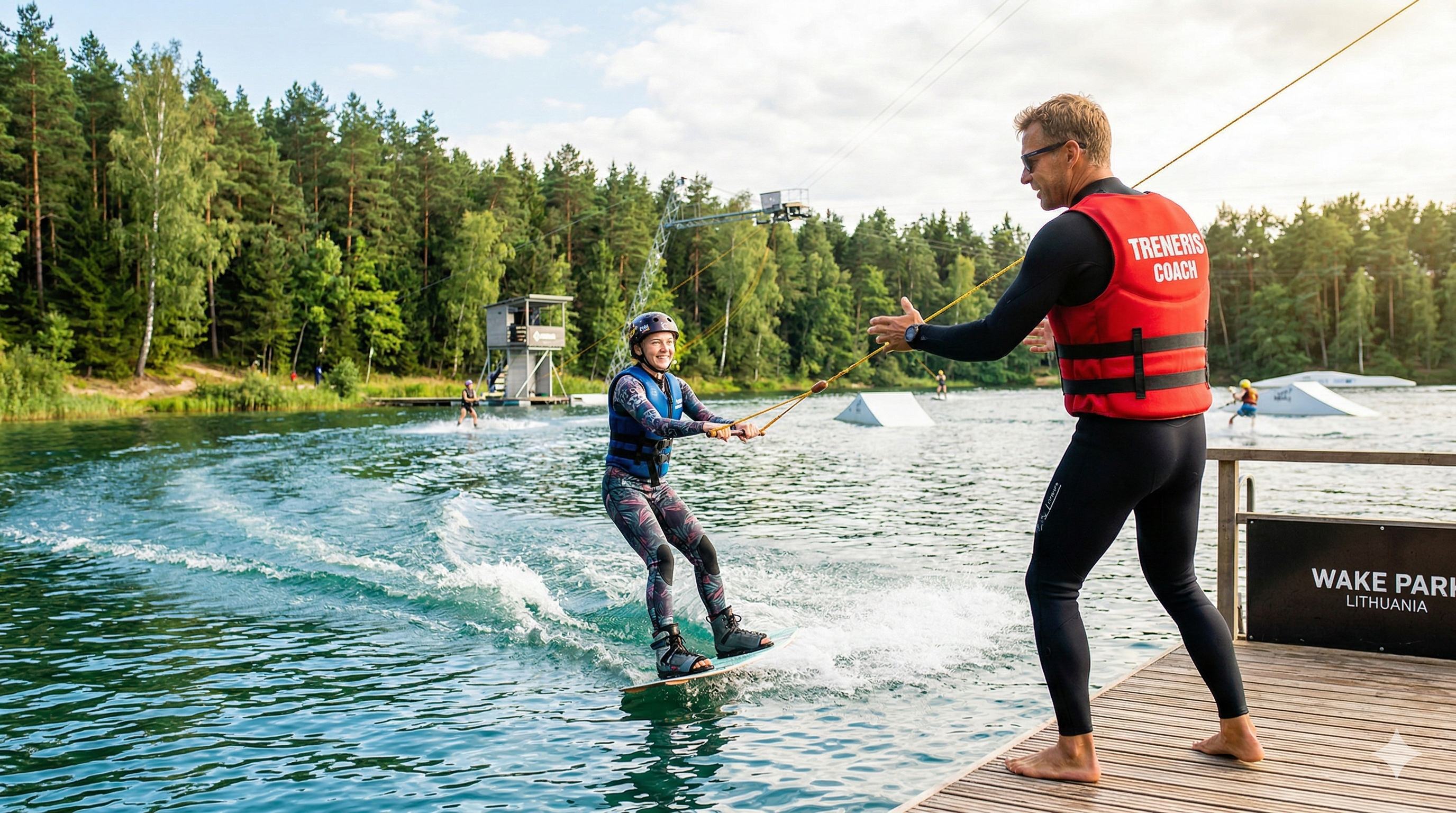 Vandenlenčių (wakeboard) treneris moko mokinį taisyklingos stovėsenos ant vandens